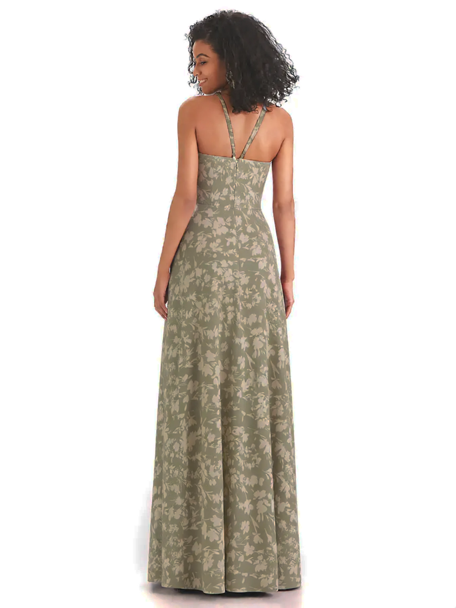 Sexy Spaghetti Straps A-line Long Satin Floral Formal Dresses For Women