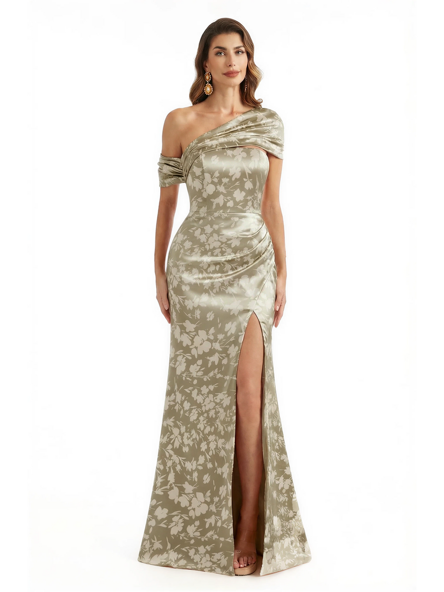 Elegant Asymmetrical Side Slit Mermaid Long Satin Floral Formal Dresses For Women