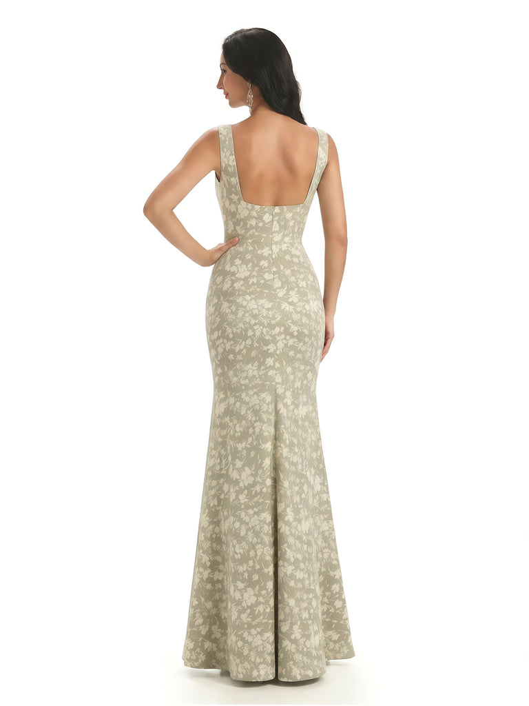 Elegant Spaghetti Straps Square Mermaid Long Satin Floral Formal Evening Dresses For Ladies