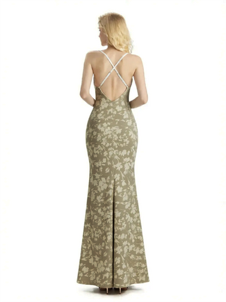 Sexy Jewel Spaghetti Straps Mermaid Long Satin Floral Formal Dresses For Women