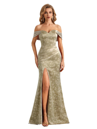 Trendy Off Shoulder Side Slit Mermaid Long Satin Floral Formal Evening Dresses For Ladies