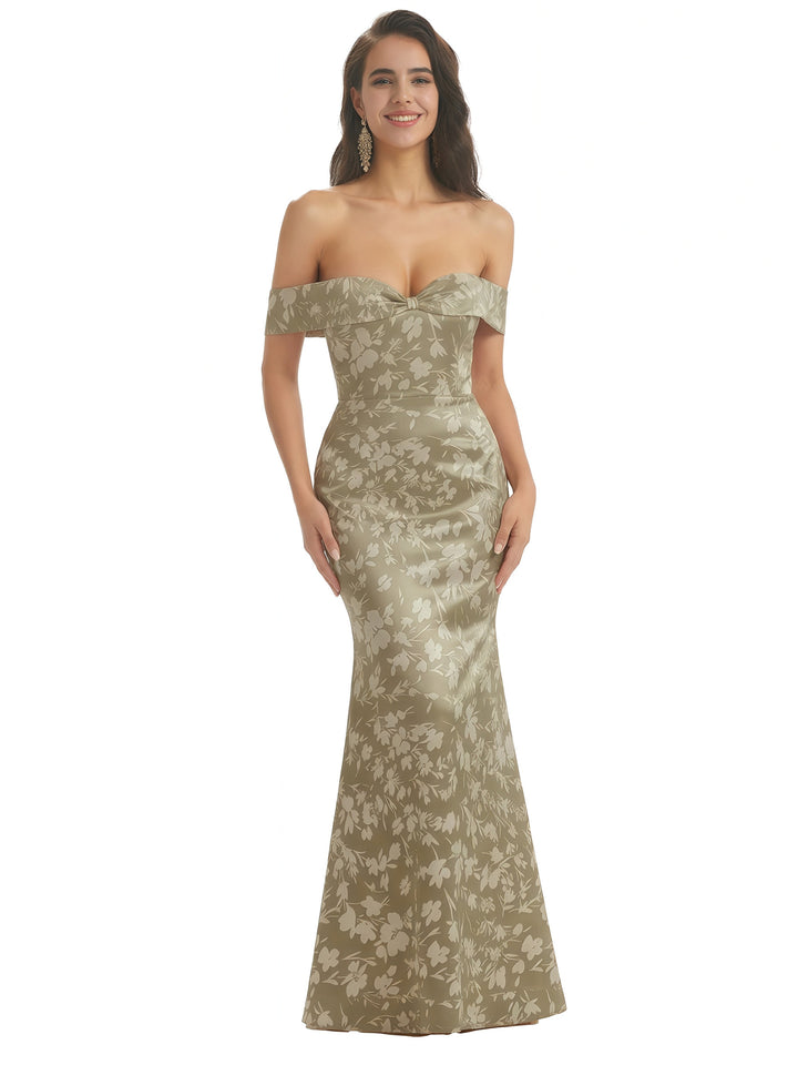 Elegant Off Shoulder Mermaid Floral Satin Maxi Floral Formal Evening Dresses