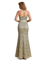 Elegant Strapless Side Slit Mermaid Long Satin Floral Formal Dresses For Women