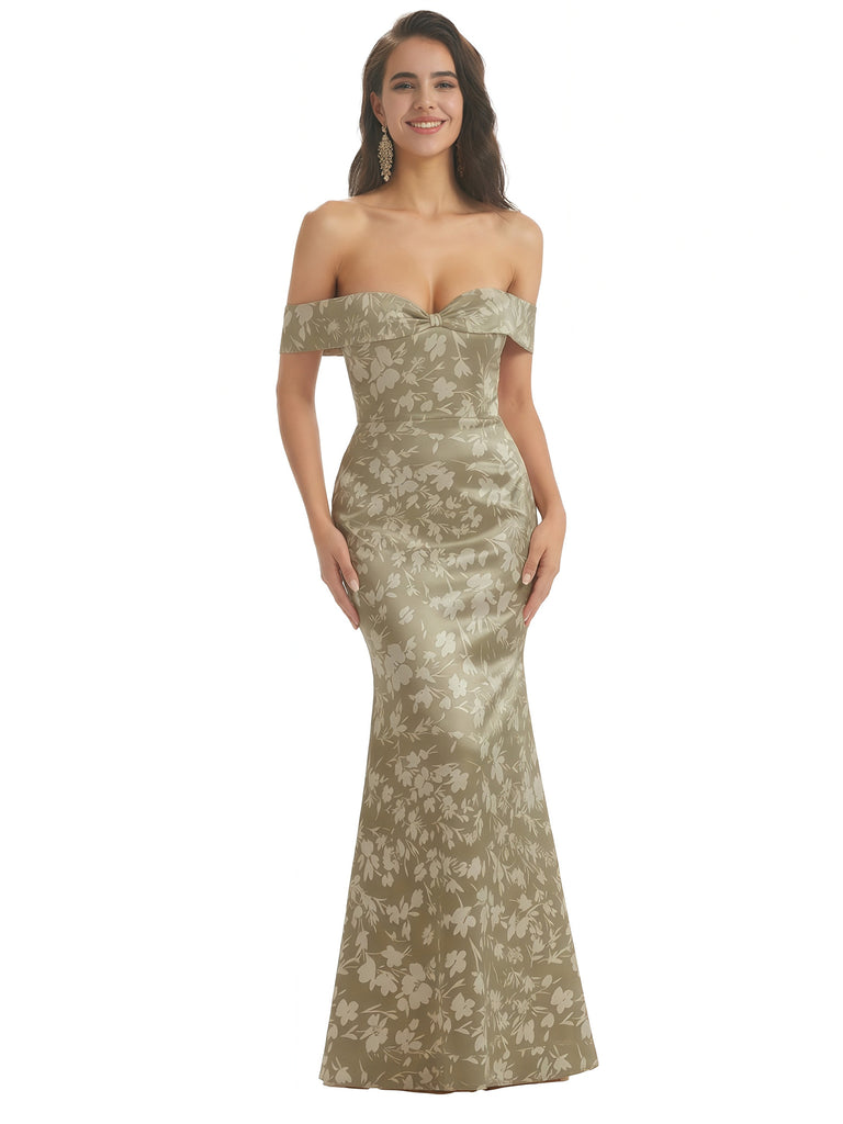 Elegant Off Shoulder Mermaid Floral Satin Maxi Floral Formal Evening Dresses