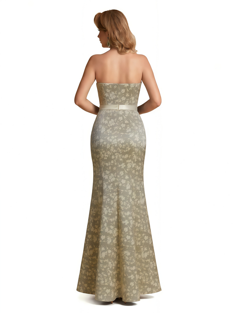 Elegant Strapless Side Slit Mermaid Long Satin Floral Formal Dresses For Women