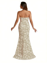 Trendy Sweetheart Strapless Side Slit Mermaid Long Satin Floral Formal Dresses For Women