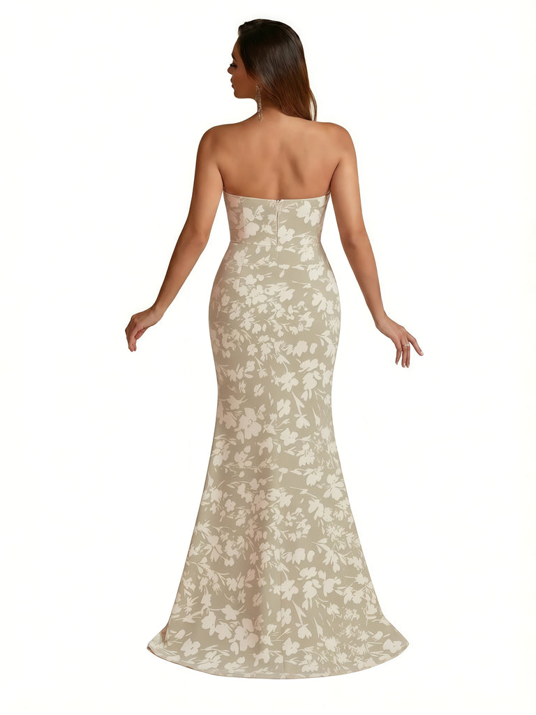 Trendy Sweetheart Strapless Side Slit Mermaid Long Satin Floral Formal Dresses For Women