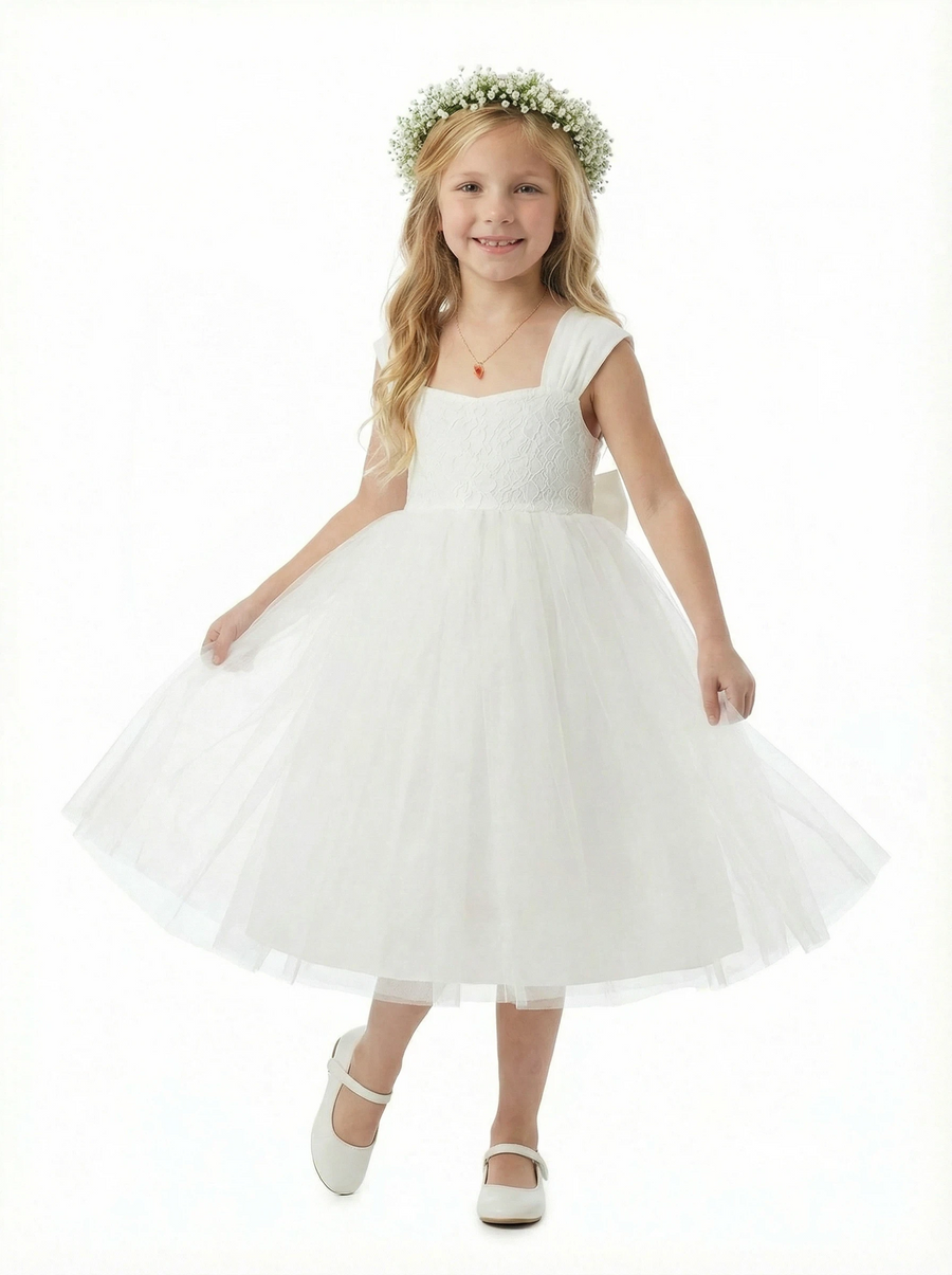 Floral Crown Style Flower Girl Dress Square Neck Tulle A-Line Knee Length Ceremony Gown