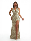 Simple Halter Side Slit Mermaid Floral Satin Maxi Floral Formal Dresses For Women