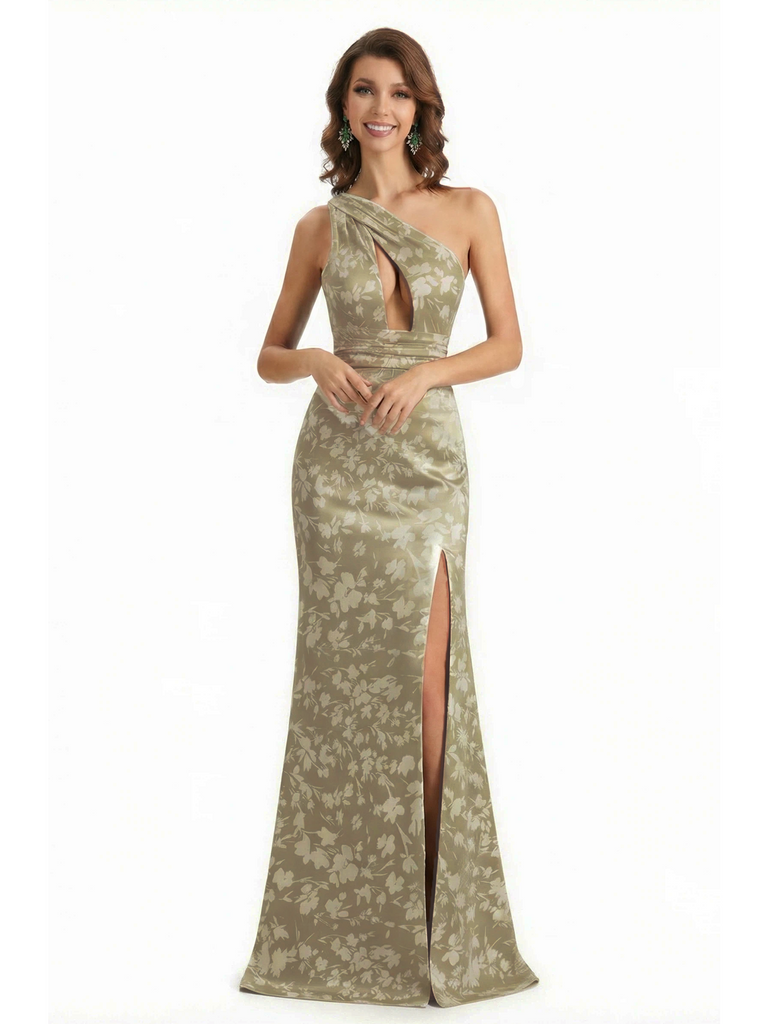 Simple One Shoulder Side Slit Mermaid Floral Satin Maxi Floral Formal Dresses For Women