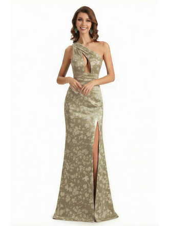 Simple One Shoulder Side Slit Mermaid Floral Satin Maxi Floral Formal Dresses For Women