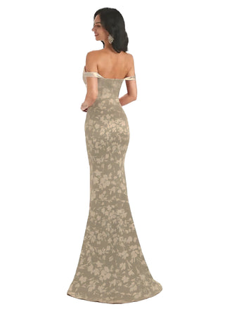 Trendy Off Shoulder Mermaid Floral Satin Maxi Floral Evening Formal Dresses