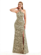 Beautiful Halter Side Slit Mermaid Floral Satin Maxi Floral Formal Dresses For Women