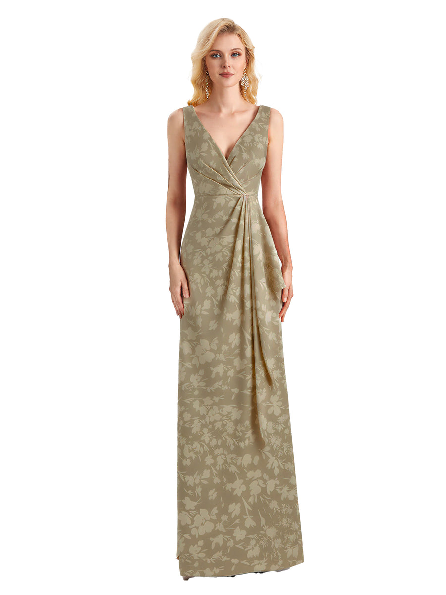 Beautiful Mermaid V-Neck Floral Satin Maxi Floral Formal Dresses For Women