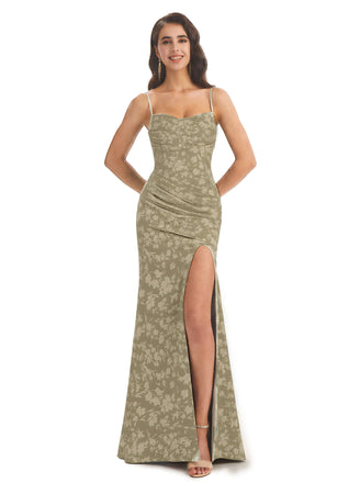 Elegant Spaghetti Straps Side Slit Mermaid Floral Satin Maxi Floral Formal Dresses For Women