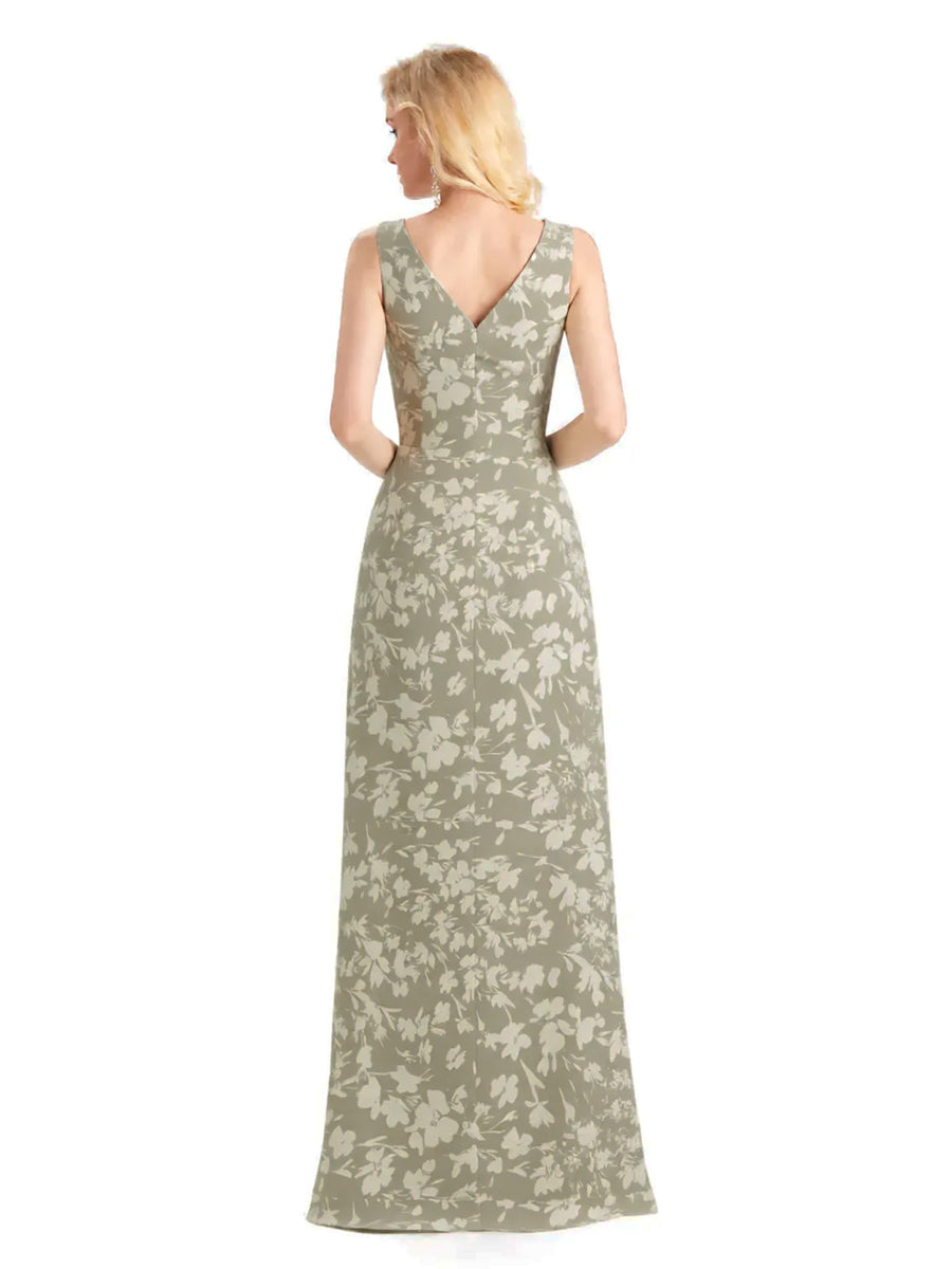 Beautiful V-Neck Mermaid Floral Satin Maxi Floral Formal Dresses For Women