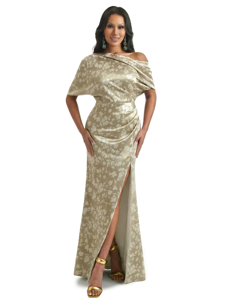 Elegant Half Sleeves Side Slit Mermaid Floral Satin Maxi Floral Formal Dresses For Women