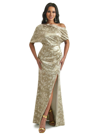 Elegant Half Sleeves Side Slit Mermaid Floral Satin Maxi Floral Formal Dresses For Women