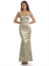 Simple Off Shoulder Mermaid Floral Satin Maxi Floral Formal Dresses For Women
