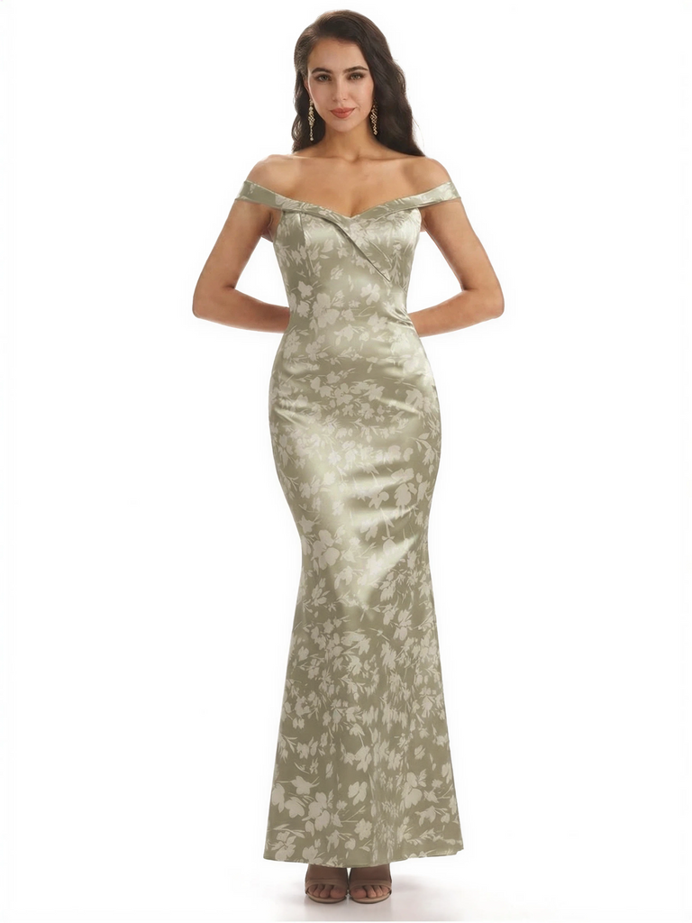 Simple Off Shoulder Mermaid Floral Satin Maxi Floral Formal Dresses For Women