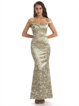 Simple Off Shoulder Mermaid Floral Satin Maxi Floral Formal Dresses For Women