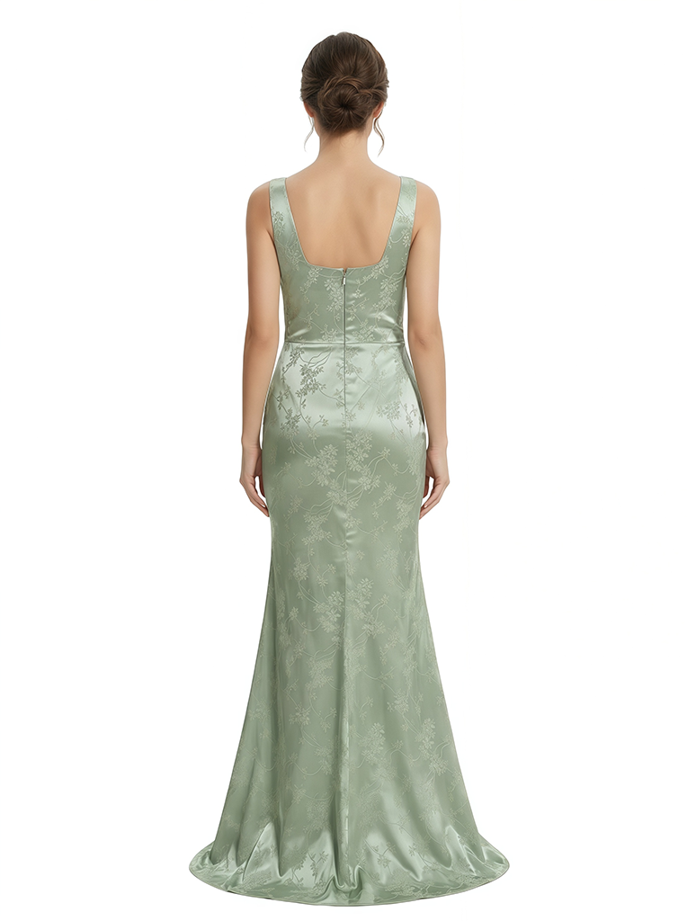 Elegant Jacquard Satin Spaghetti Straps Side Slit Mermaid Long Formal Evening Dresses