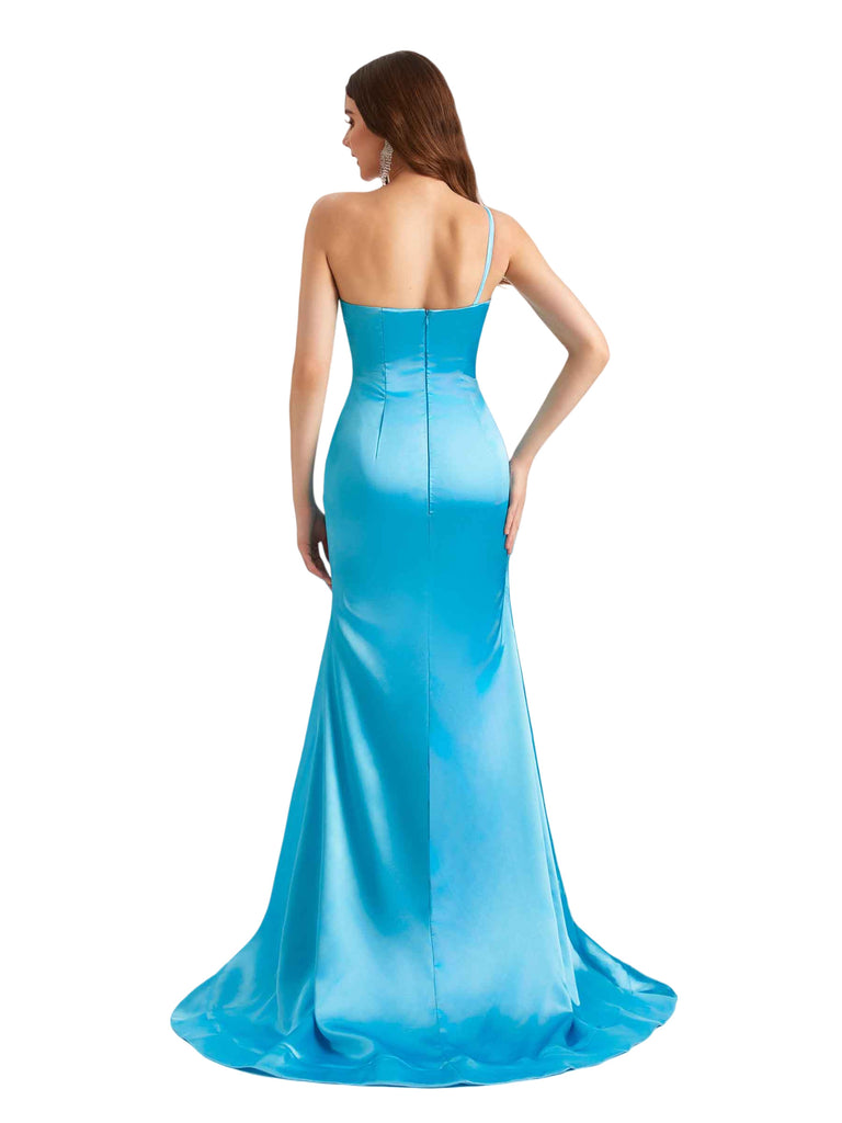 Sexy One Shoulder Side Split Ruched Soft Satin Mermaid Long Beauty Bridesmaid Dresses