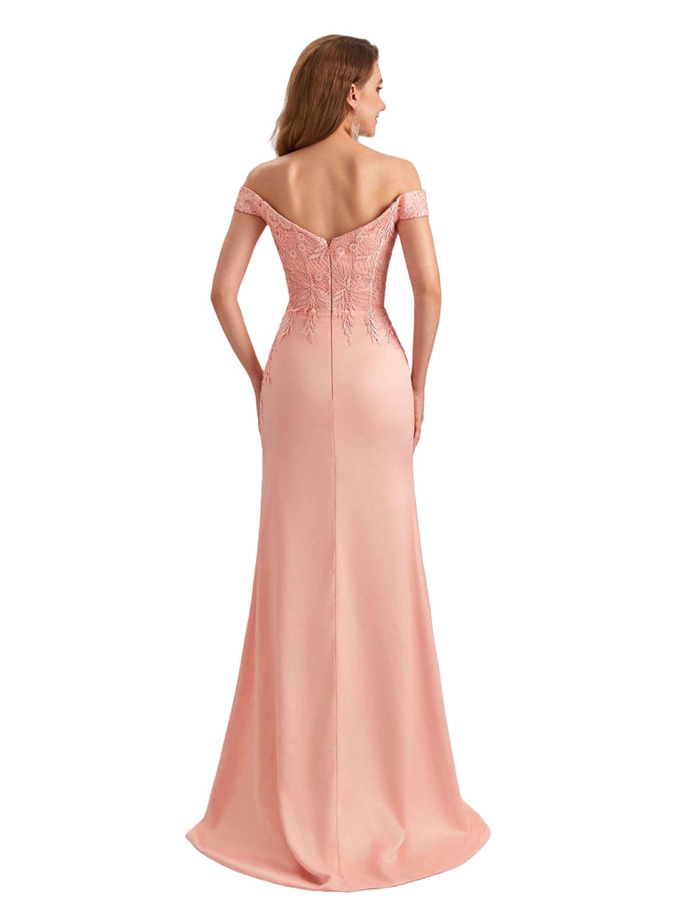 Sexy Off The Shoulder Lace Silky Satin Mermaid Side Slit Long Bridesmaid Dresses Online