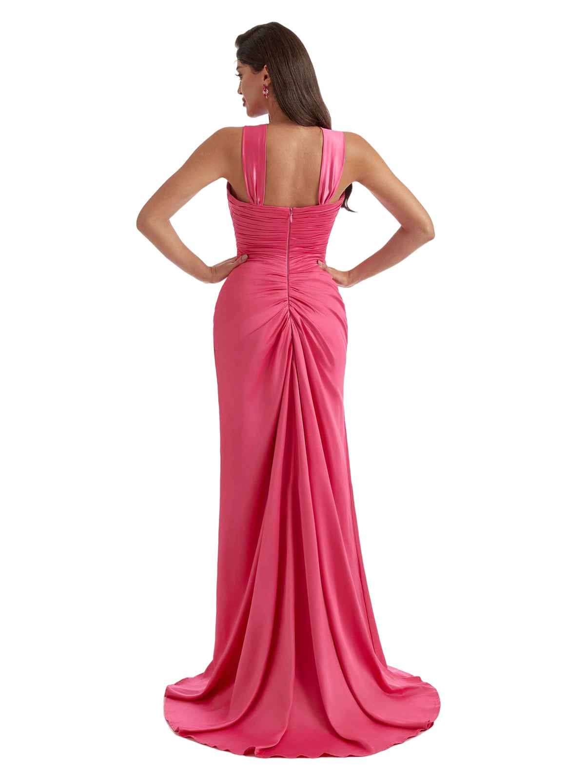 Sexy Side Split V-Neck Mermaid Ruched Satin Long Bridesmaid Dresses Online