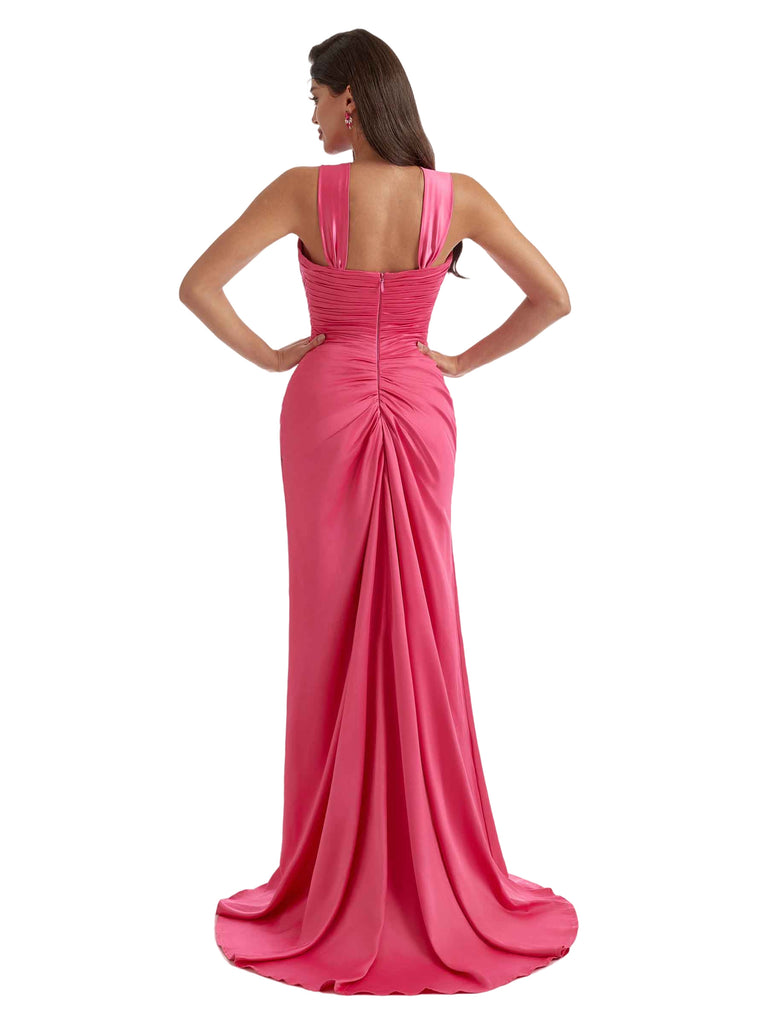 Sexy Side Split V-Neck Mermaid Ruched Satin Long Bridesmaid Dresses Online