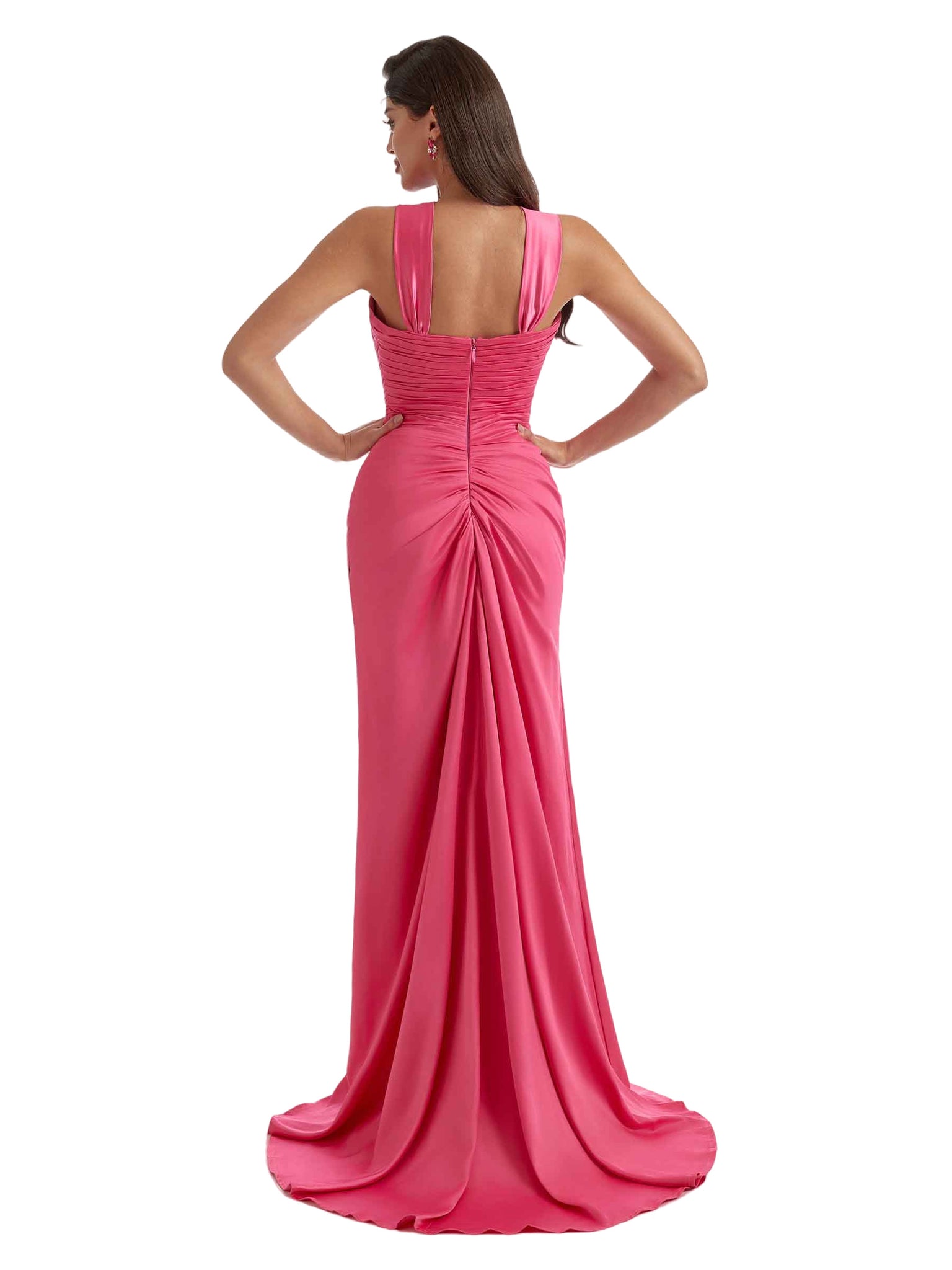 Sexy Side Split V-Neck Mermaid Ruched Satin Long Bridesmaid Dresses Online