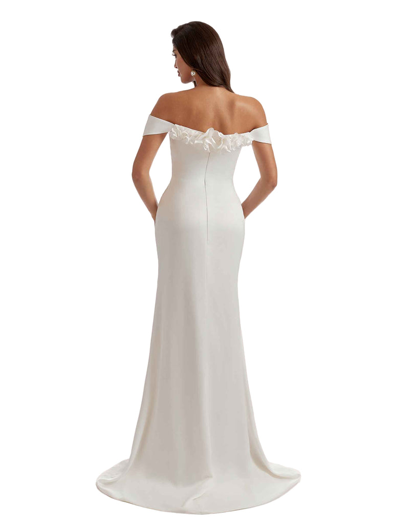 Elegant Off The Shoulder Mermaid Satin Long Bridesmaid Dresses Slit Hand Made Flower