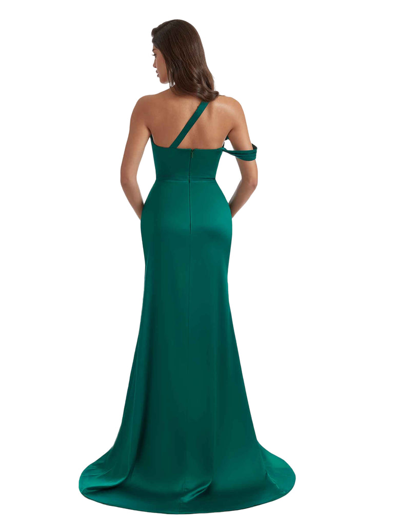 Sexy Mermaid One Shoulder Silky Satin Side Slit Long Bridesmaid Dresses Online