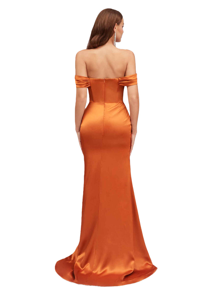 Elegant Silky Satin Off The Shoulder Mermaid Side Slit Ruched Long Bridesmaid Dresses