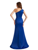 Elegant One Shoulder Silky Satin Side Split Mermaid Unique Long Bridesmaid Dresses Online