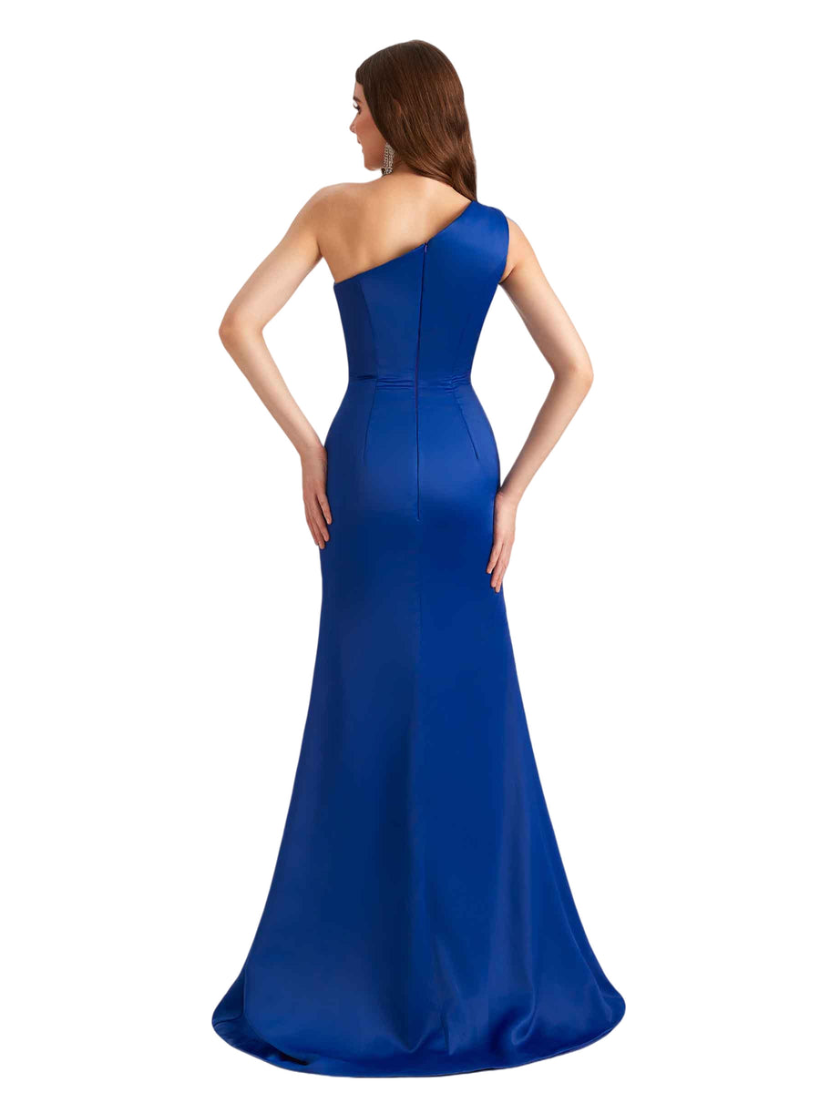 Elegant One Shoulder Silky Satin Side Split Mermaid Unique Long Bridesmaid Dresses Online