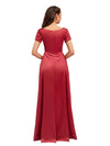 Elegant V-Neck Short Sleeves Long Soft Satin Bridesmaid Dresses With Slit