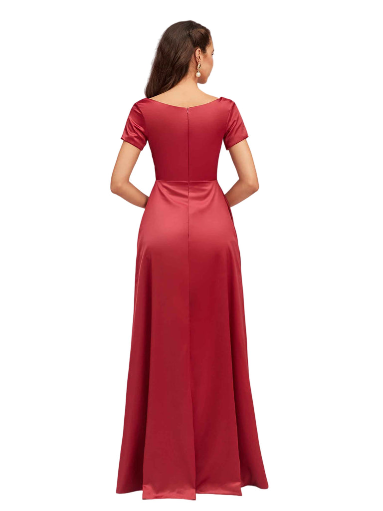 Elegant V-Neck Short Sleeves Long Soft Satin Bridesmaid Dresses With Slit