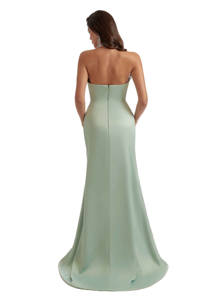 Sexy Side Split V-Neck Mermaid Ruched Satin Long Bridesmaid Dresses Slit Online