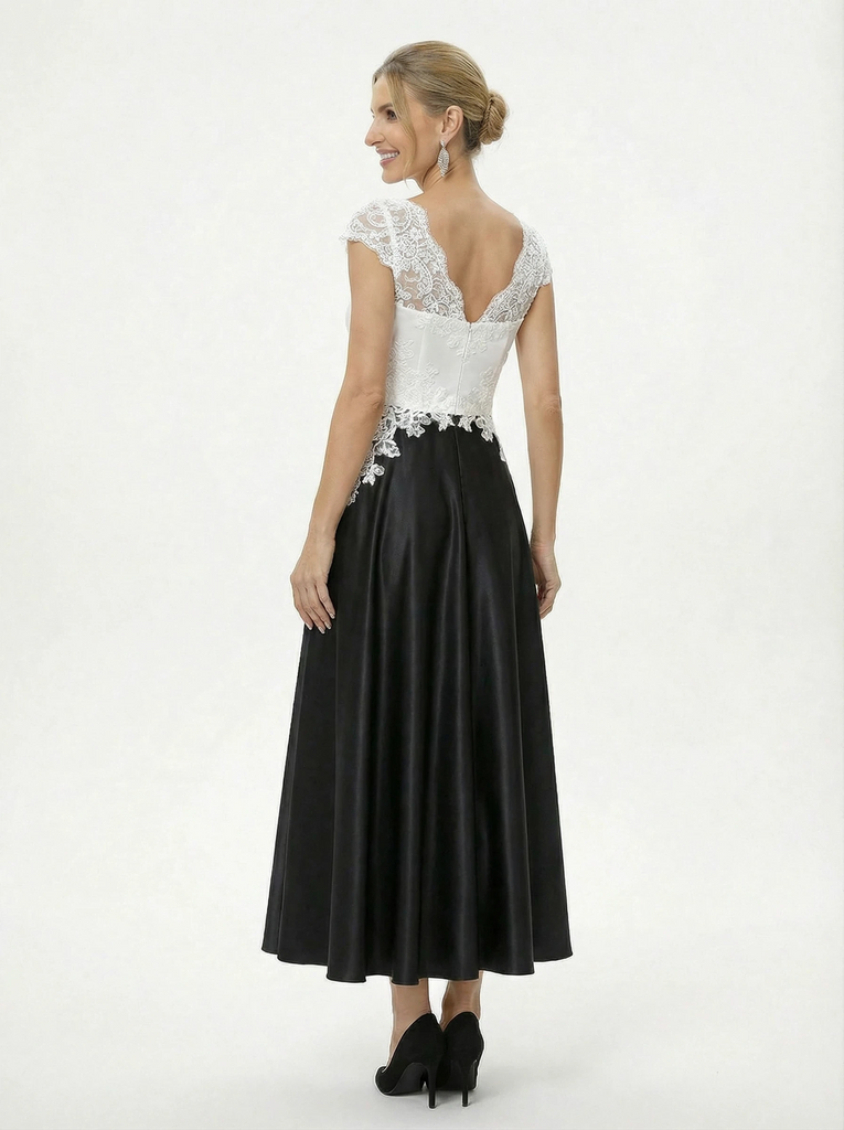 Elegant Black And White Satin V-Neck A-Line Cap Sleeves Ankle-Length Mother Of The Bride Dresses