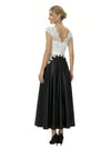 Elegant Black And White Satin V-Neck A-Line Cap Sleeves Ankle-Length Mother Of The Bride Dresses
