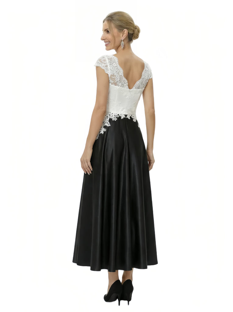 Elegant Black And White Satin V-Neck A-Line Cap Sleeves Ankle-Length Mother Of The Bride Dresses