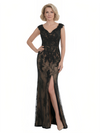 Chicsew V-Neck Cap Sleeve Lace Sheath Floor Length Fancy Mother of the Bride Dresses