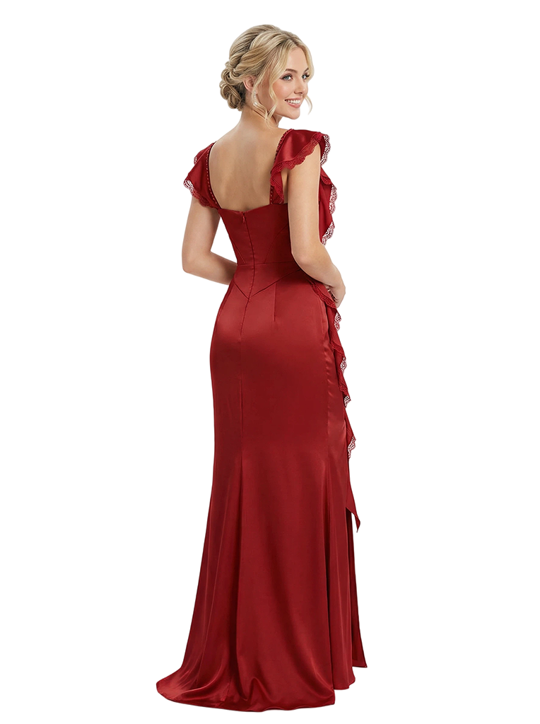 Sweet Satin Spaghetti Straps Square Ruffle Mermaid Long Party Prom Dresses