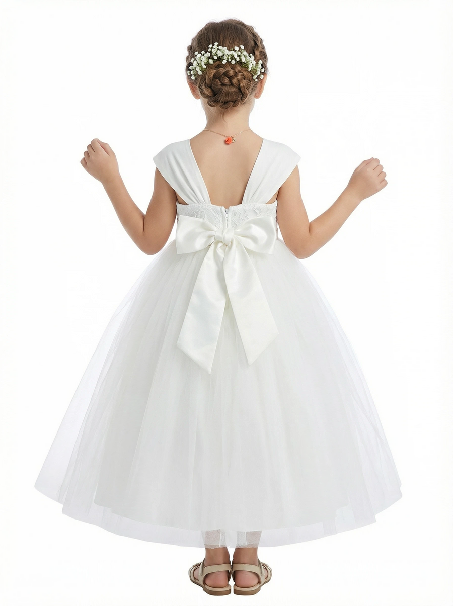 Floral Crown Style Flower Girl Dress Square Neck Tulle A-Line Knee Length Ceremony Gown