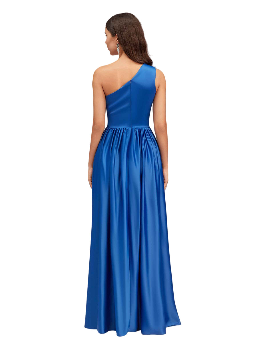 Elegant One Shoulder A-Line Side Slit Soft Satin Pretty Long Bridesmaid Dresses