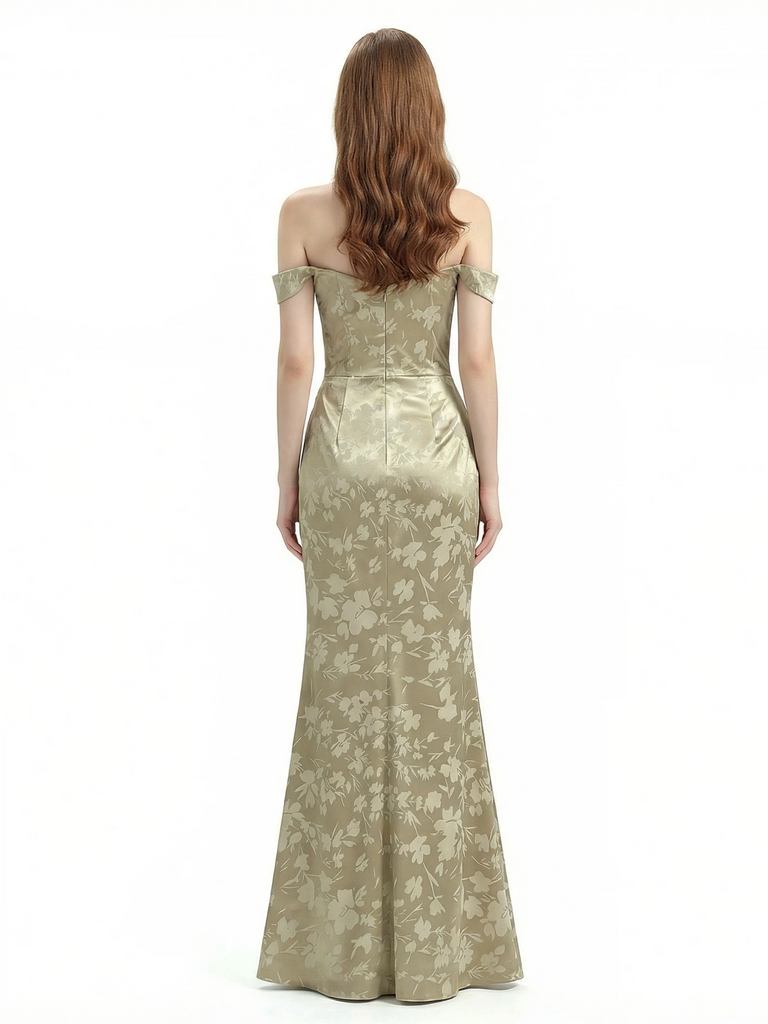 Elegant Off Shoulder Mermaid Side Slit Floral Satin Maxi Floral Formal Dresses For Women
