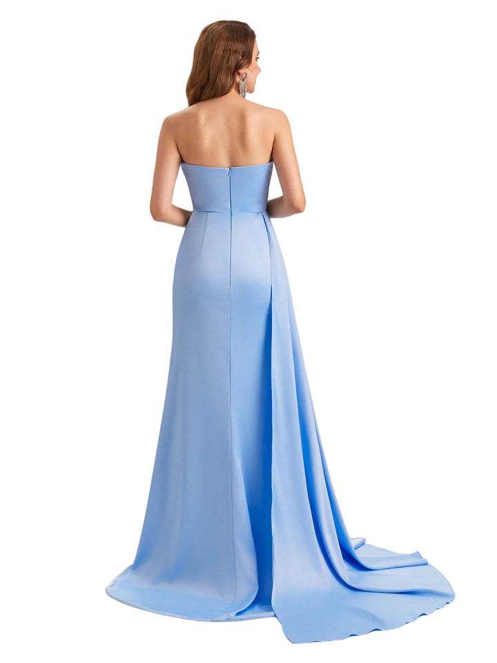 Sexy Pleated Satin Sweetheart Mermaid Long Bridesmaid Dresses Online Slit Strapless