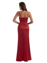 Elegant Mermaid Ruched Satin Long Bridesmaid Dresses Side Split Spaghetti Straps