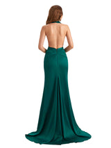 Sexy Backless Satin Halter Mermaid Side Slit Ruched Long Bridesmaid Dresses Online